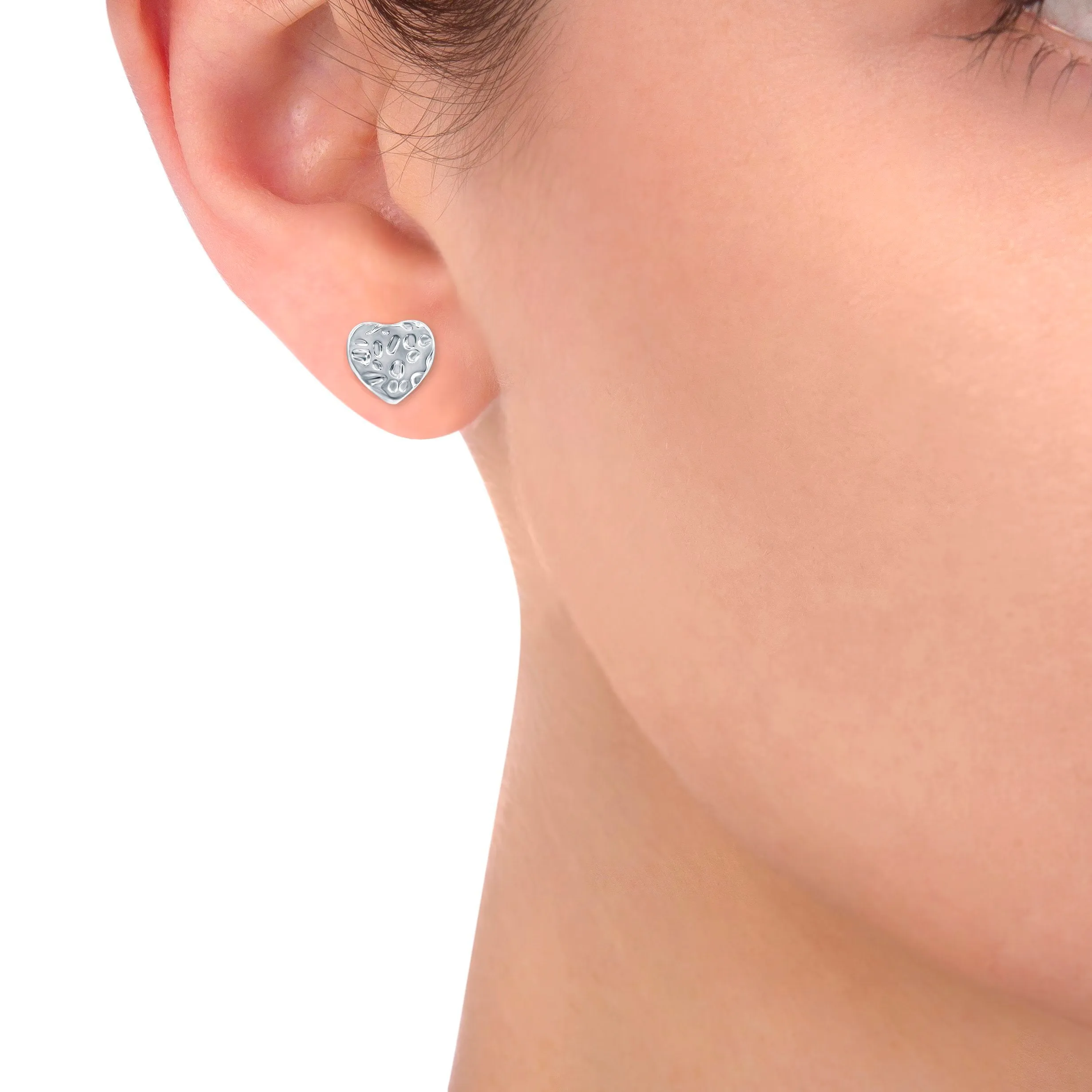 14K White Gold Plated "Hammered In Love" Heart Stud Earrings