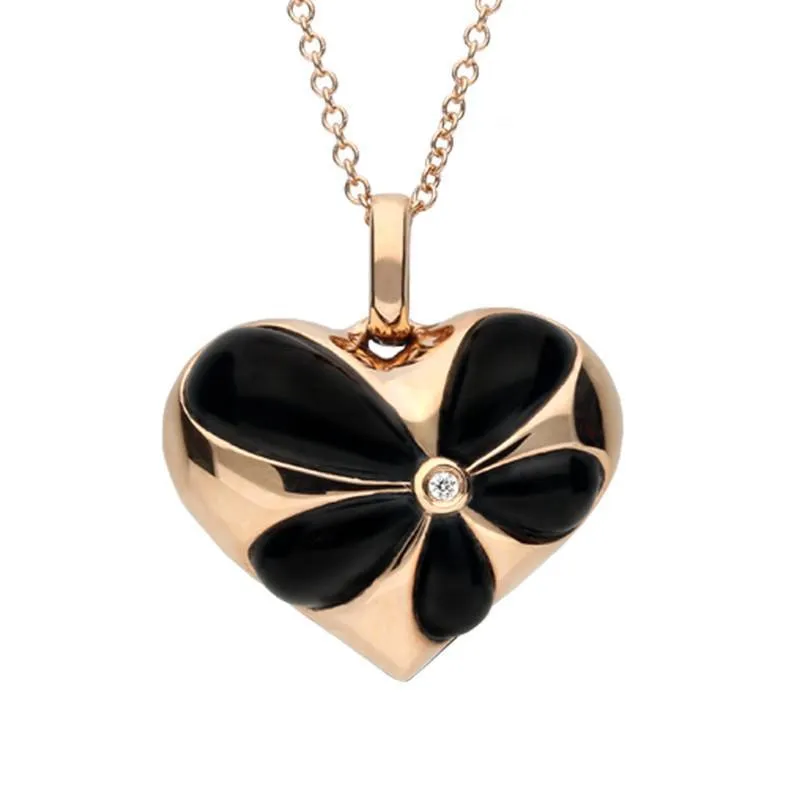18ct Rose Gold Whitby Jet Diamond Flower Heart Two Piece Set