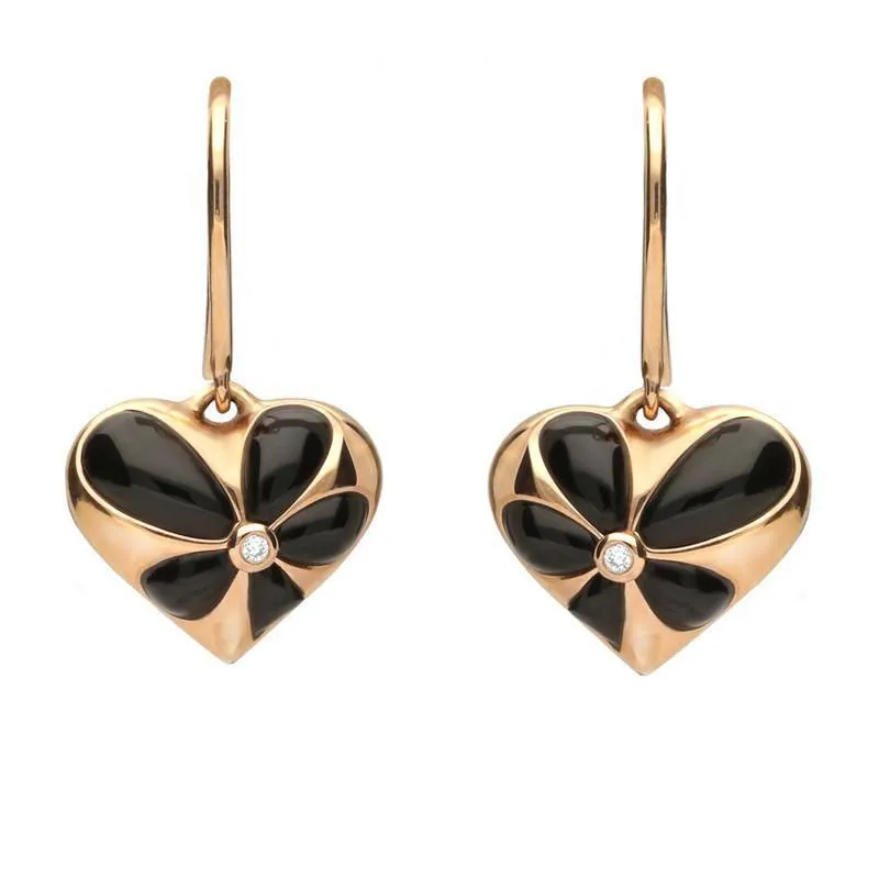 18ct Rose Gold Whitby Jet Diamond Flower Heart Two Piece Set