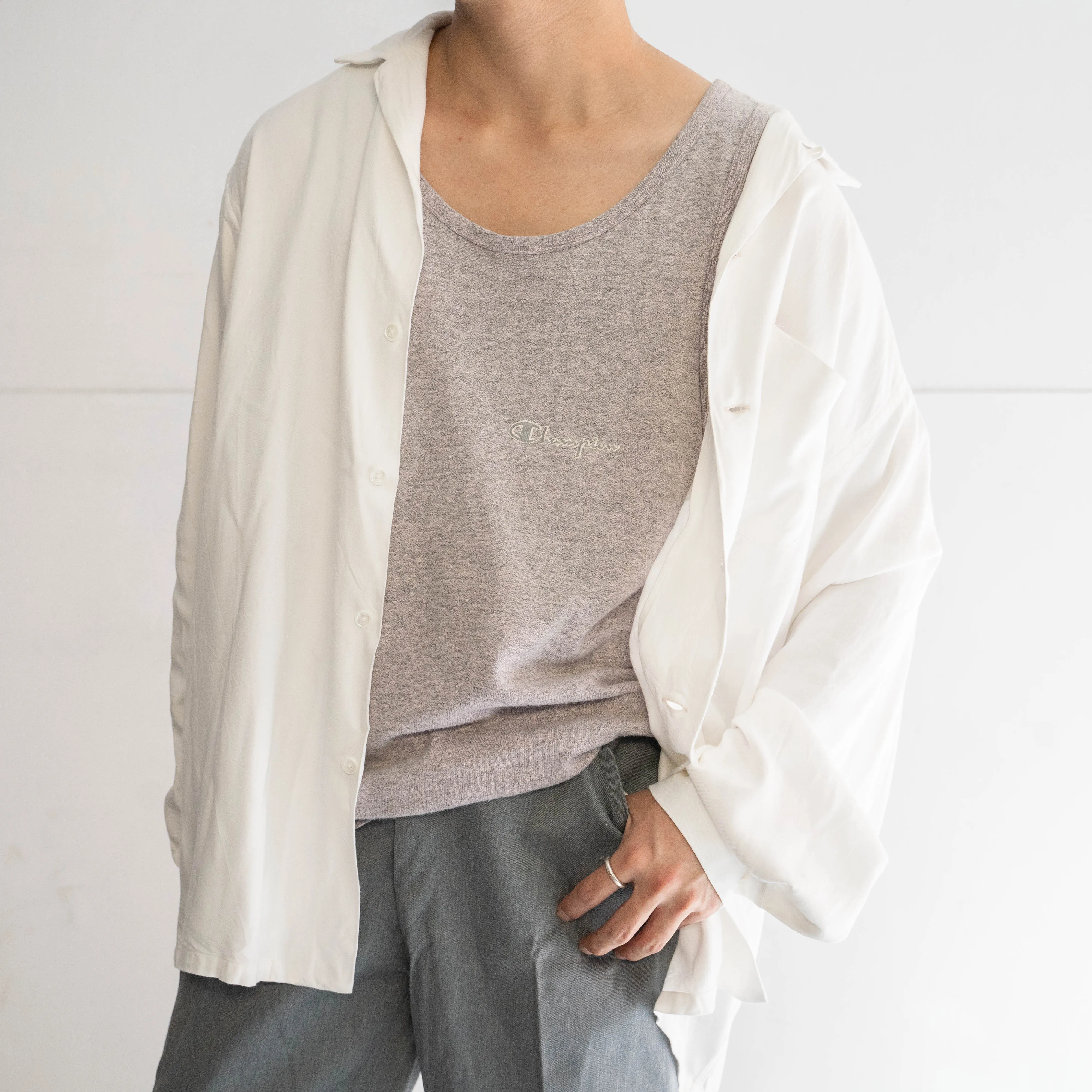 1980s 'champion' marbled gray color cotton × rayon tank top