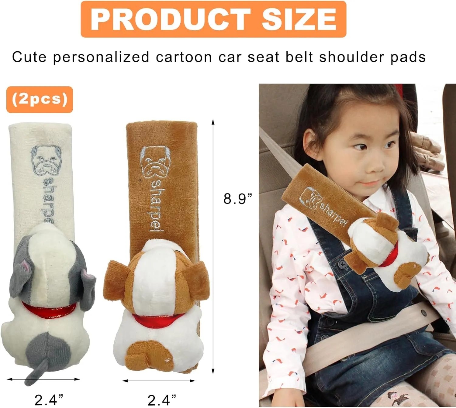 2 PCS Cute Car Seat Belt Pads, Soft Comfortable Cartoon Seat Belt Strap Cover Cushion Pad, Universal Shoulder Strap Pad for Seatbelt and Bag Backpack Strap, Car Accessories (Beige Brown Dog)
