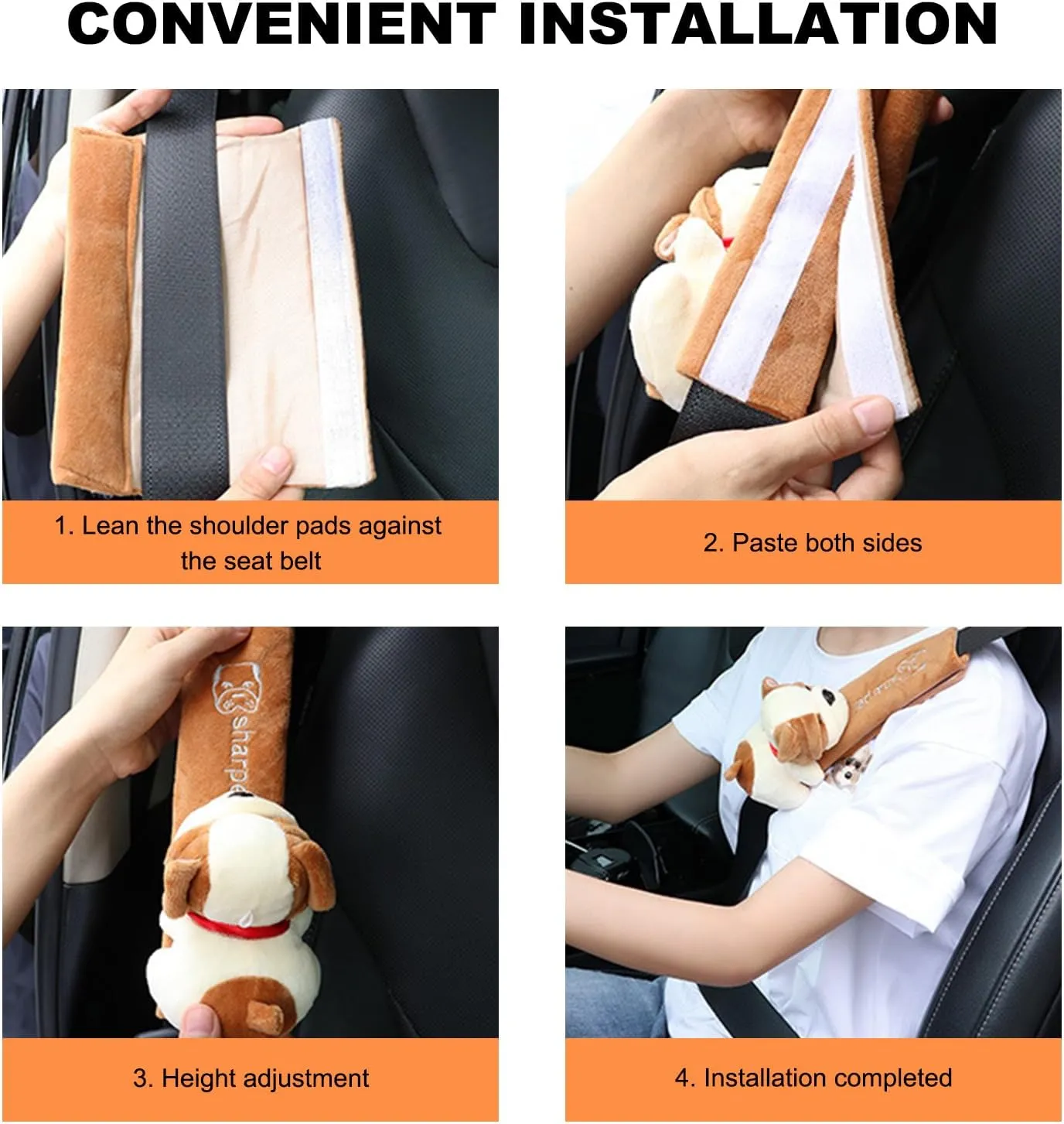 2 PCS Cute Car Seat Belt Pads, Soft Comfortable Cartoon Seat Belt Strap Cover Cushion Pad, Universal Shoulder Strap Pad for Seatbelt and Bag Backpack Strap, Car Accessories (Beige Brown Dog)