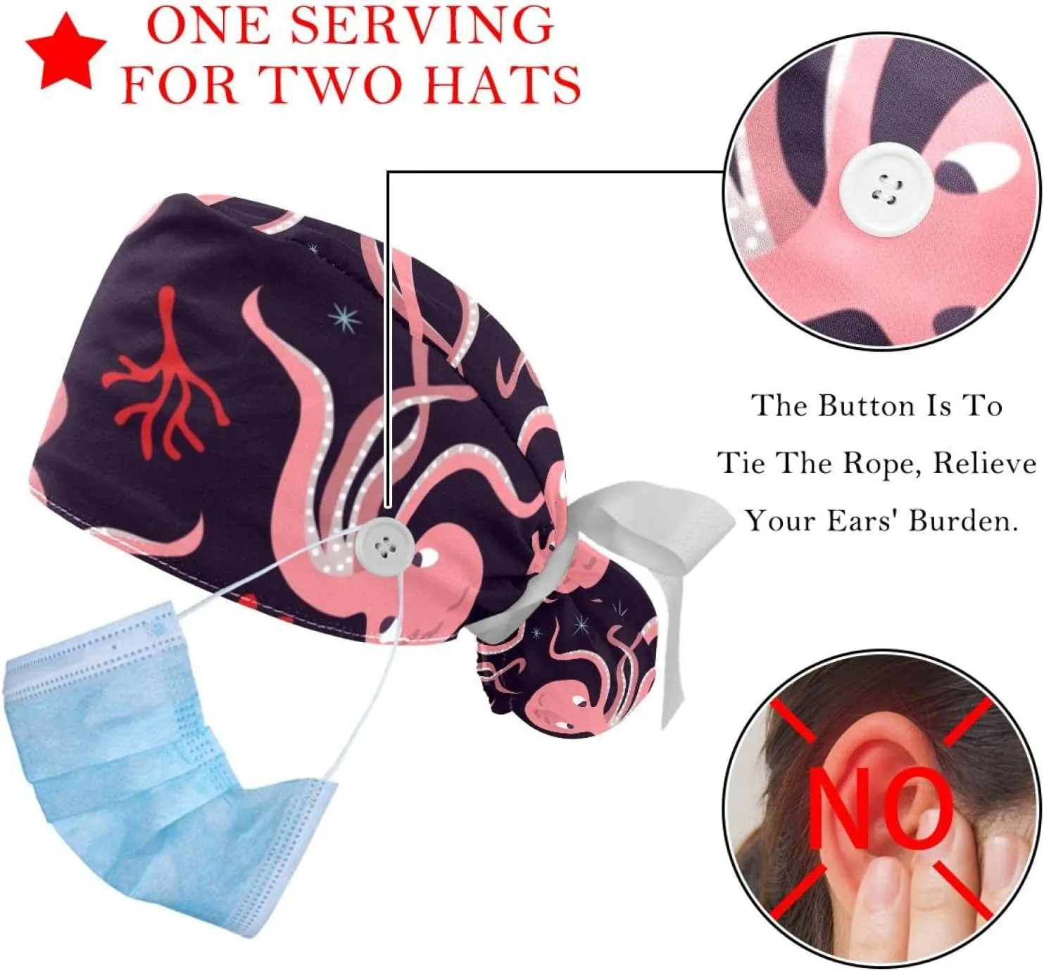 2 Pcs Womens Working Caps with Button Ocean Turtle Long Hair Cover Ribbon Lace-Up Hat