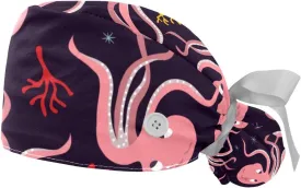 2 Pcs Womens Working Caps with Button Ocean Turtle Long Hair Cover Ribbon Lace-Up Hat