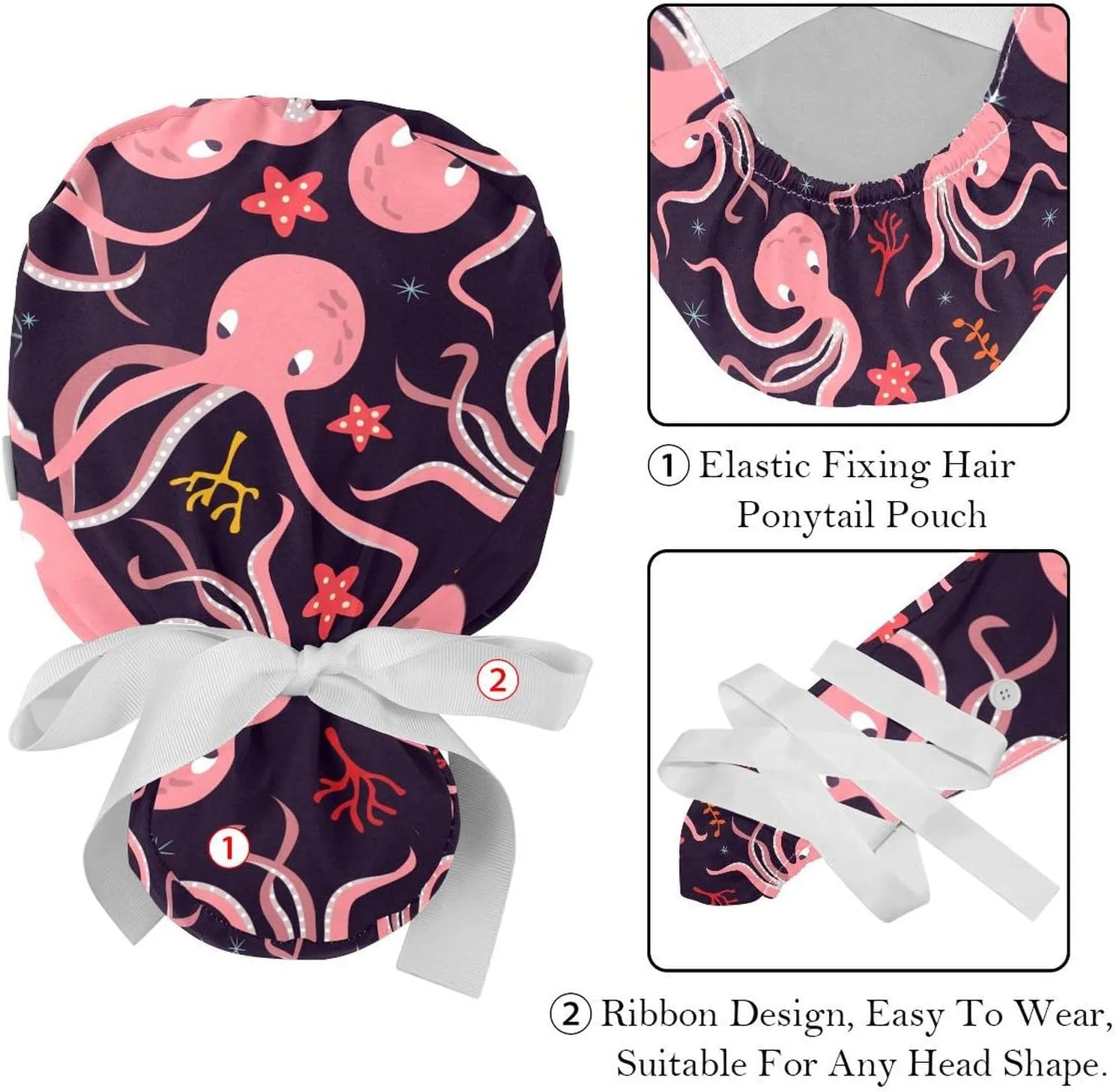 2 Pcs Womens Working Caps with Button Ocean Turtle Long Hair Cover Ribbon Lace-Up Hat