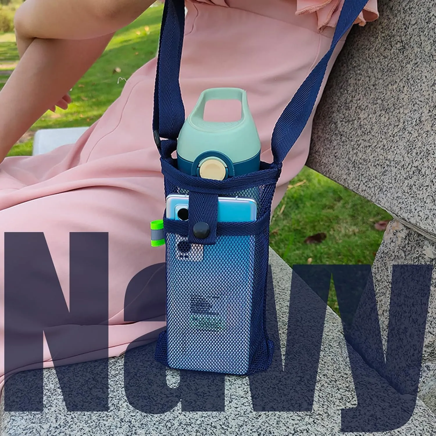 3Pcs Adjustable Shoulder Strap Water Bottle Carrier Mesh Bag Lightweight Dog Water Bottle Sleeve Crossbody Pouch (Navy/Korean blue/purple)