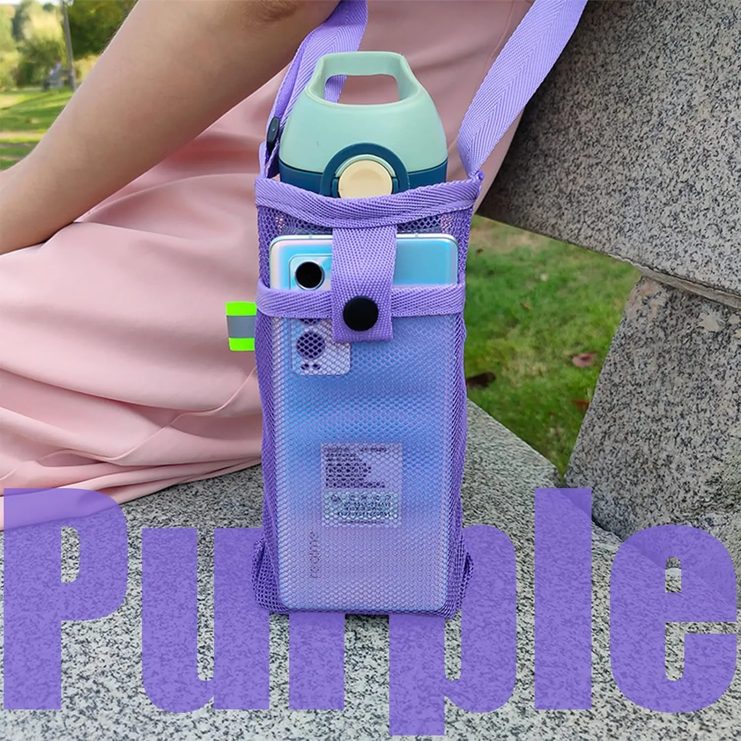3Pcs Adjustable Shoulder Strap Water Bottle Carrier Mesh Bag Lightweight Dog Water Bottle Sleeve Crossbody Pouch (Navy/Korean blue/purple)