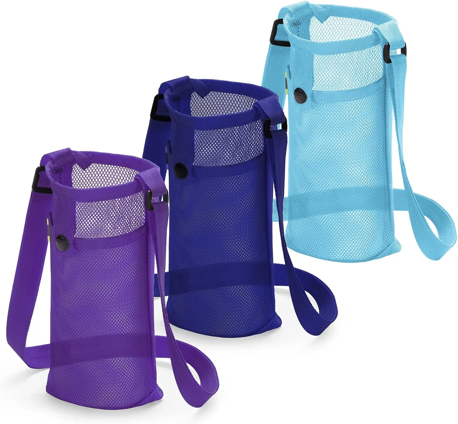 3Pcs Adjustable Shoulder Strap Water Bottle Carrier Mesh Bag Lightweight Dog Water Bottle Sleeve Crossbody Pouch (Navy/Korean blue/purple)