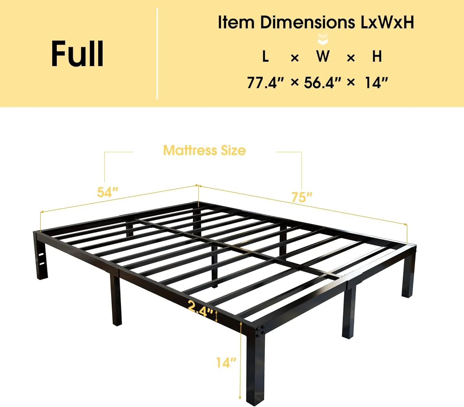 45MinST 3600lbs Heavy Duty Bed Frame,14 Inch Sturdy Steel Slat Mattress Foundation, Metal Reinforced Platform Box Spring Replacement, Easy Assembly with Quick Lock, Full