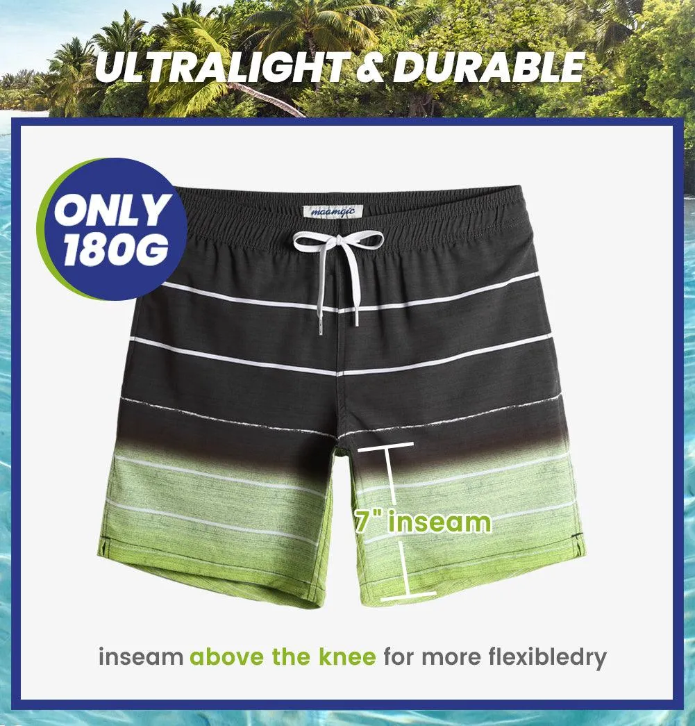 7 Inch Inseam Stretch  Gray Green Stripe Swim Trunks