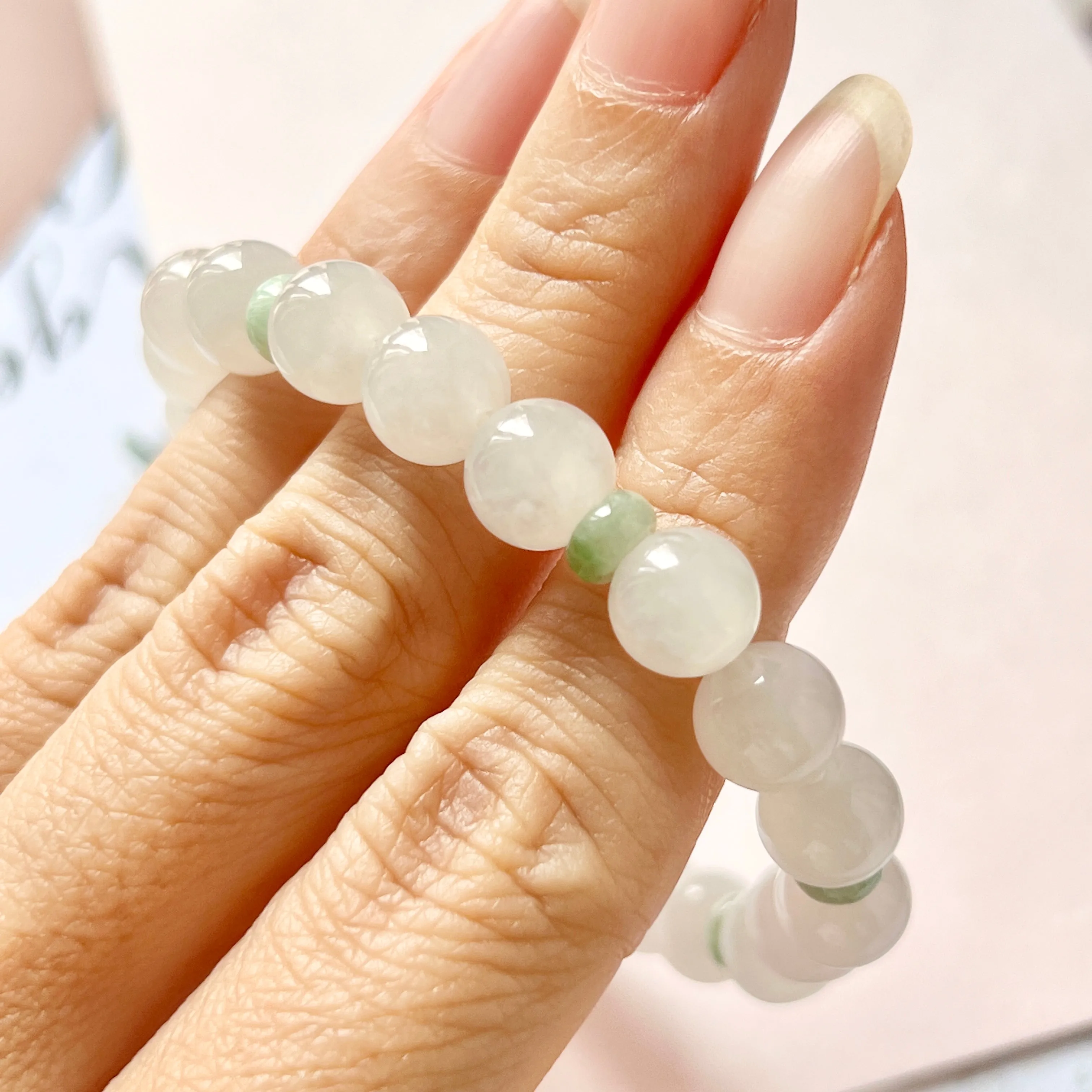 8.4mm A-Grade Natural White and Green Jadeite Beaded Bracelet No.190359