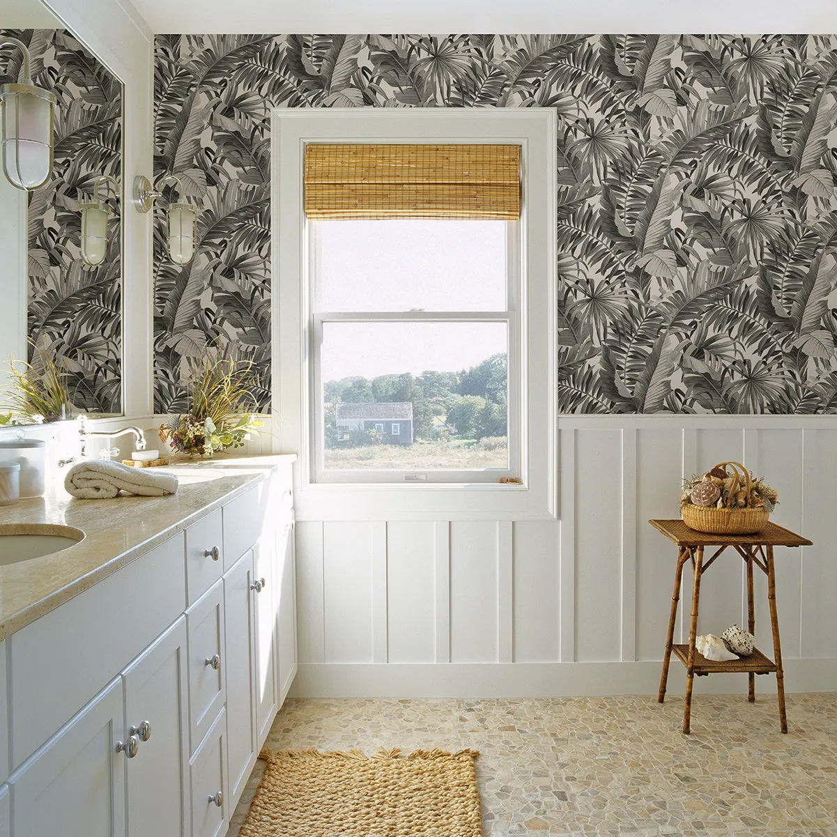 Alfresco Tropical Palm Wallpaper in Grey from the Pacifica Collection
