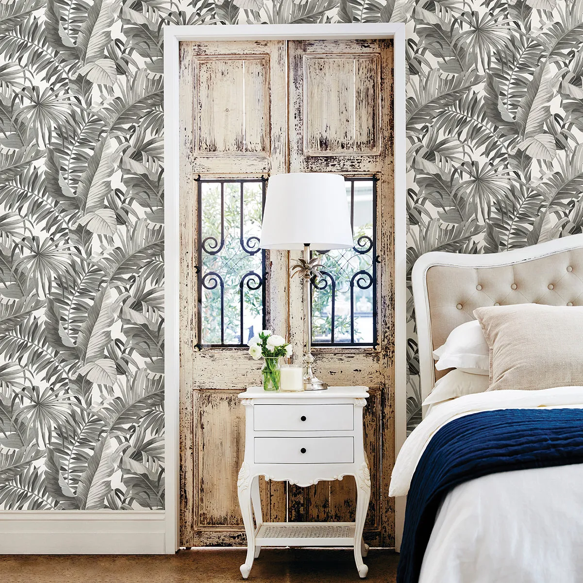 Alfresco Tropical Palm Wallpaper in Grey from the Pacifica Collection