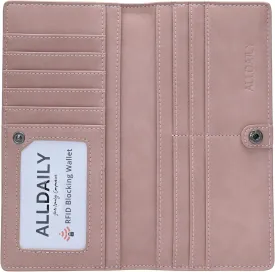 Alldaily Ultra Slim Thin Women Wallet RFID Blocking Credit Card Holder Bifold Long Ladies Billfold (Dark Pink)