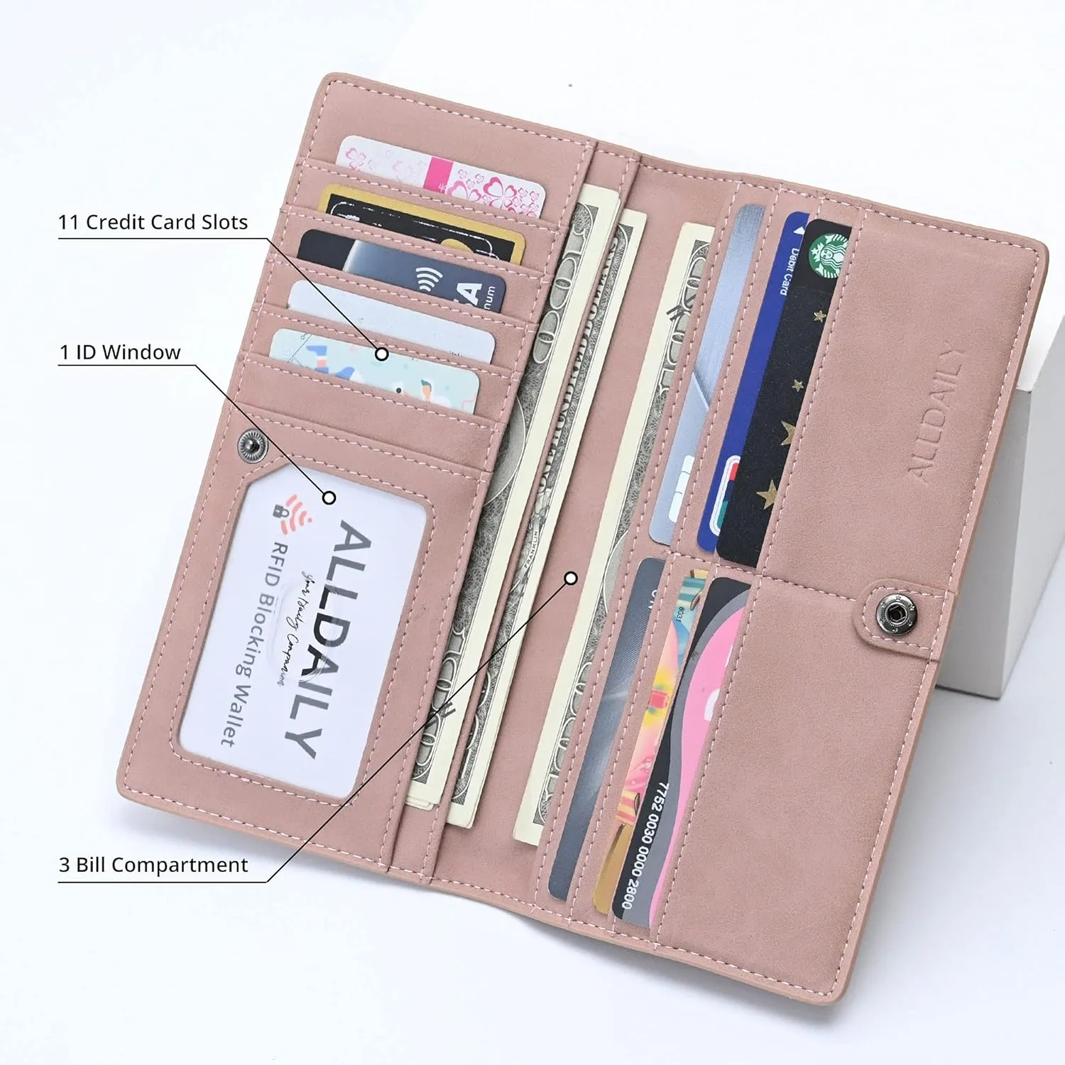 Alldaily Ultra Slim Thin Women Wallet RFID Blocking Credit Card Holder Bifold Long Ladies Billfold (Dark Pink)