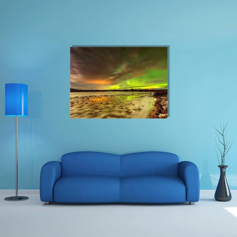 Aurora Borealis Over Frozen Lake Canvas Wall Art