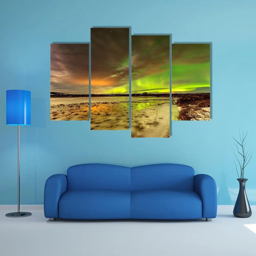 Aurora Borealis Over Frozen Lake Canvas Wall Art