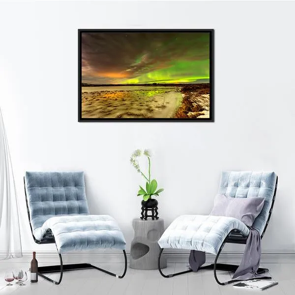 Aurora Borealis Over Frozen Lake Canvas Wall Art