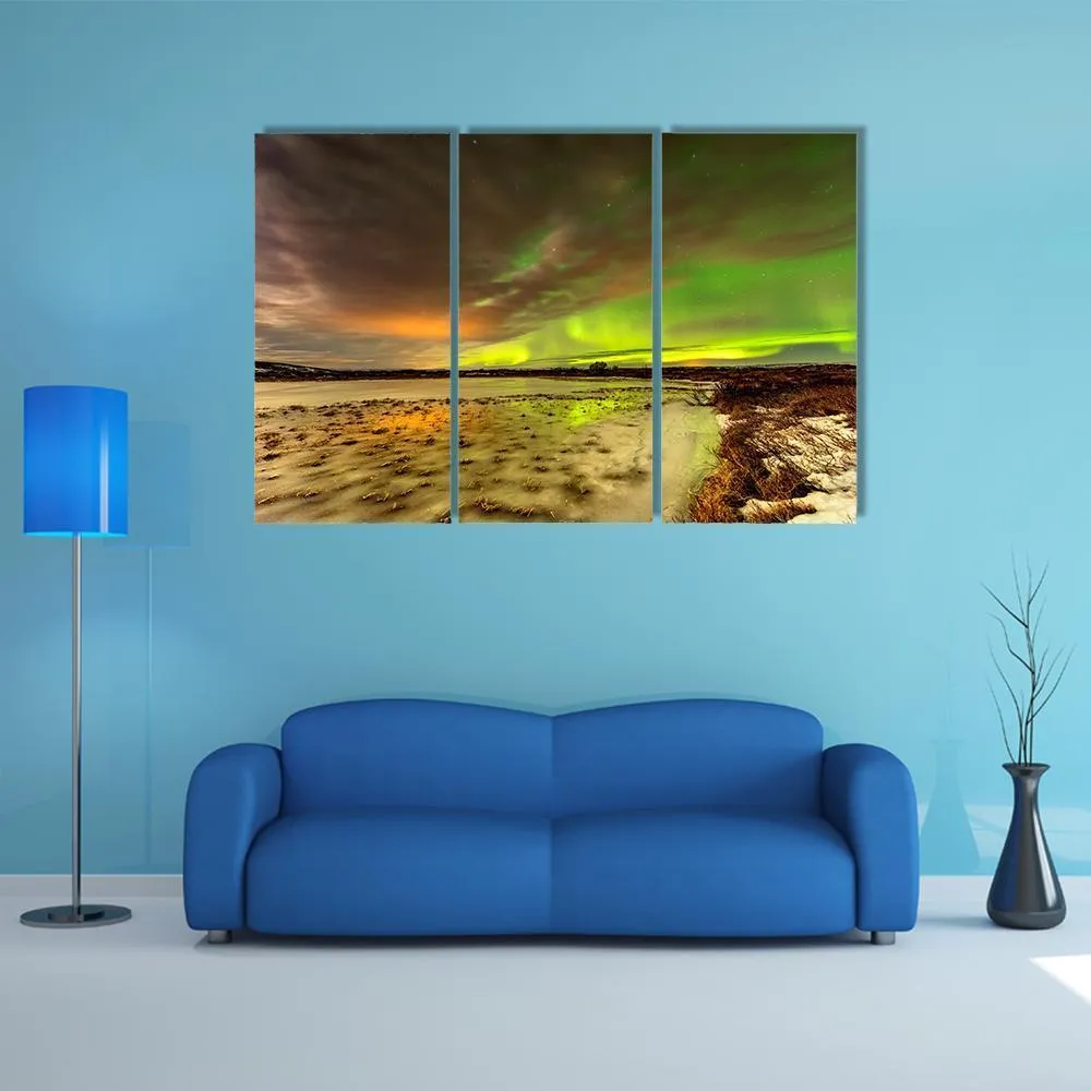 Aurora Borealis Over Frozen Lake Canvas Wall Art