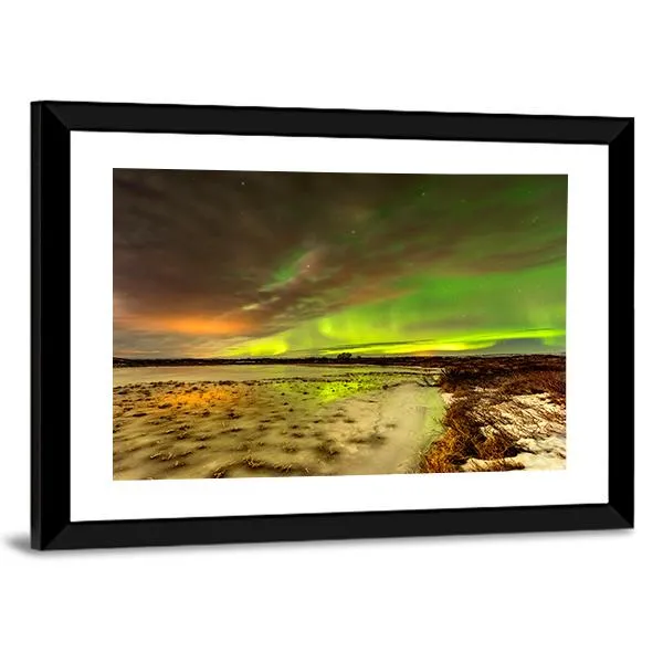 Aurora Borealis Over Frozen Lake Canvas Wall Art