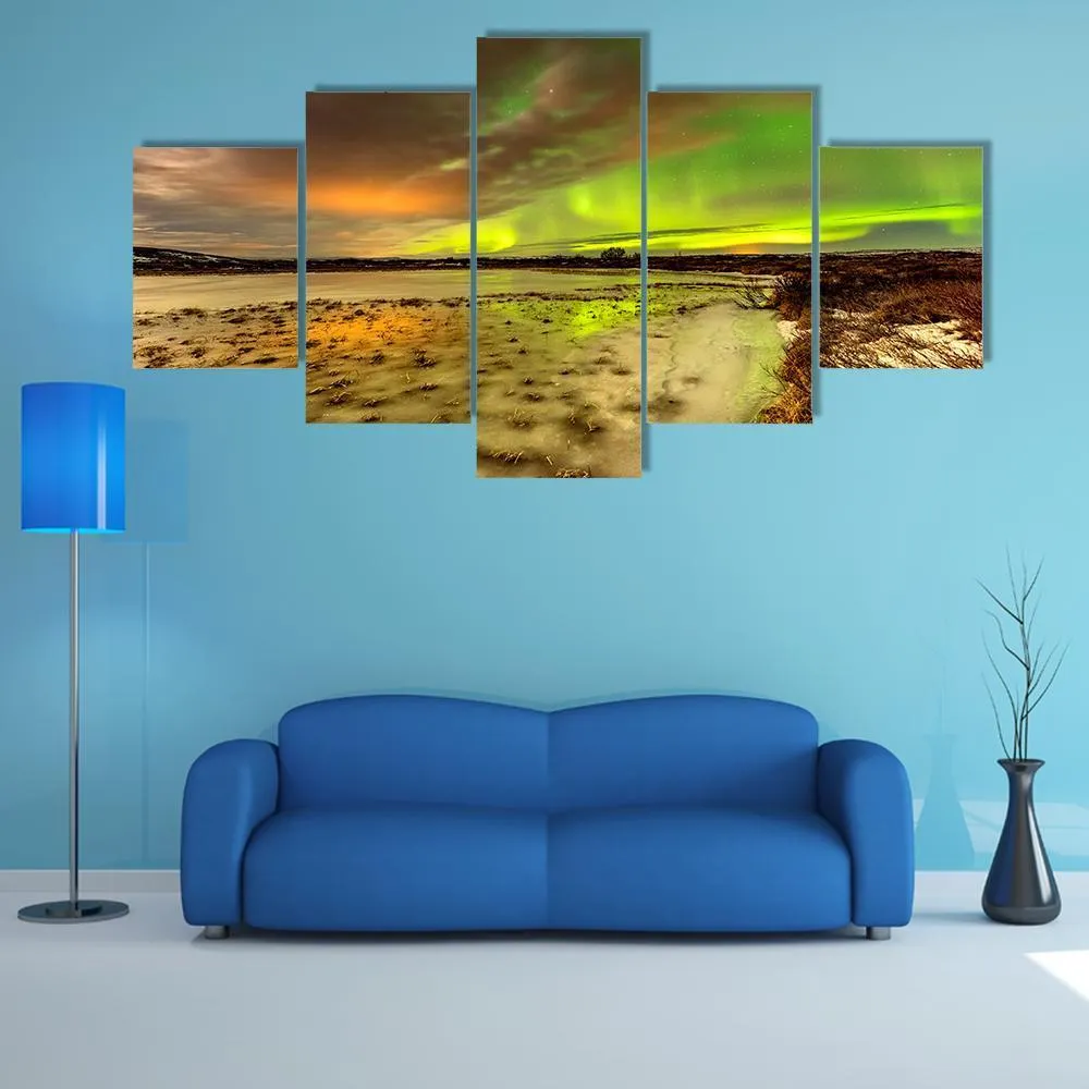 Aurora Borealis Over Frozen Lake Canvas Wall Art