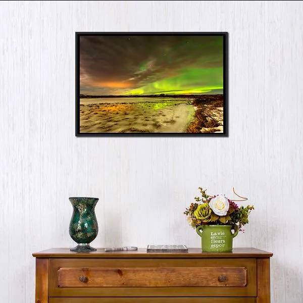 Aurora Borealis Over Frozen Lake Canvas Wall Art