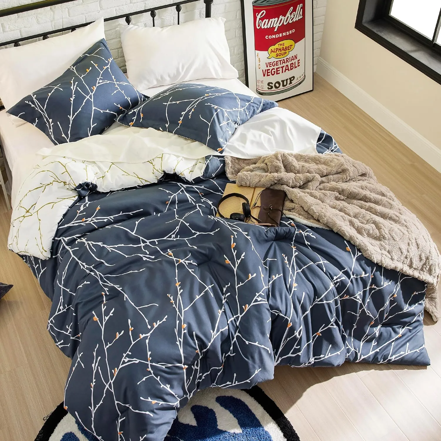 Bedsure Twin Comforter Set - 5 Pieces Floral Navy Blue Bed Set, Tree Branch Pattern Printed Bed in a Bag Twin with Comforter, Sheets, Pillowcase & Sham
