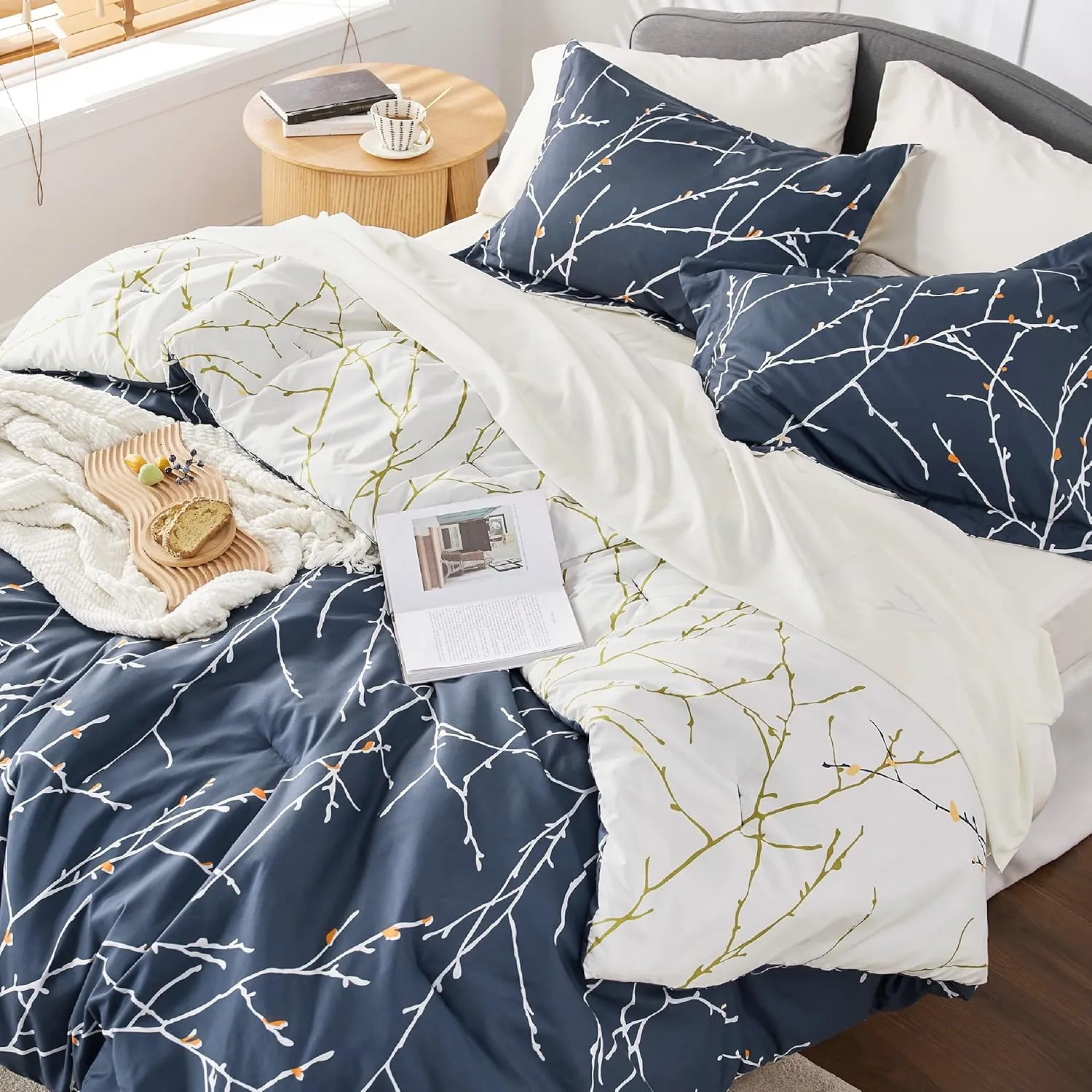 Bedsure Twin Comforter Set - 5 Pieces Floral Navy Blue Bed Set, Tree Branch Pattern Printed Bed in a Bag Twin with Comforter, Sheets, Pillowcase & Sham