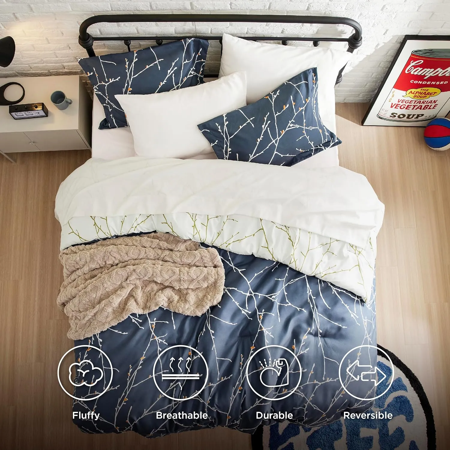 Bedsure Twin Comforter Set - 5 Pieces Floral Navy Blue Bed Set, Tree Branch Pattern Printed Bed in a Bag Twin with Comforter, Sheets, Pillowcase & Sham