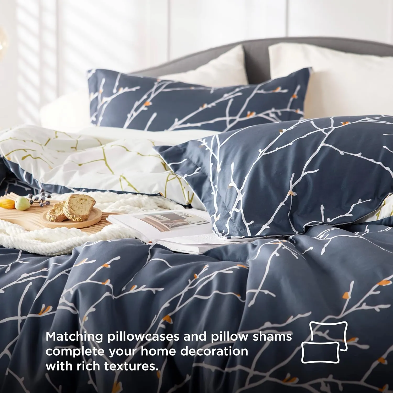 Bedsure Twin Comforter Set - 5 Pieces Floral Navy Blue Bed Set, Tree Branch Pattern Printed Bed in a Bag Twin with Comforter, Sheets, Pillowcase & Sham