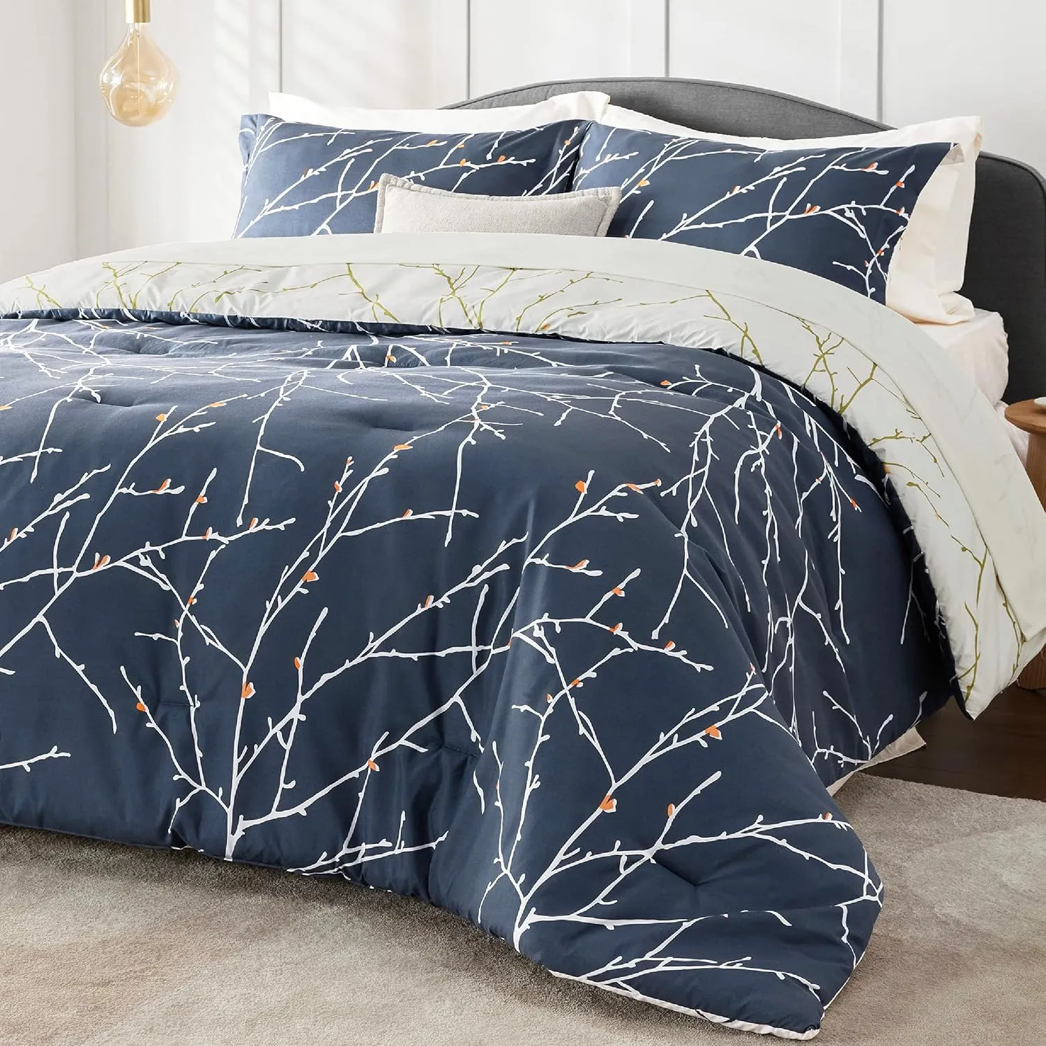 Bedsure Twin Comforter Set - 5 Pieces Floral Navy Blue Bed Set, Tree Branch Pattern Printed Bed in a Bag Twin with Comforter, Sheets, Pillowcase & Sham