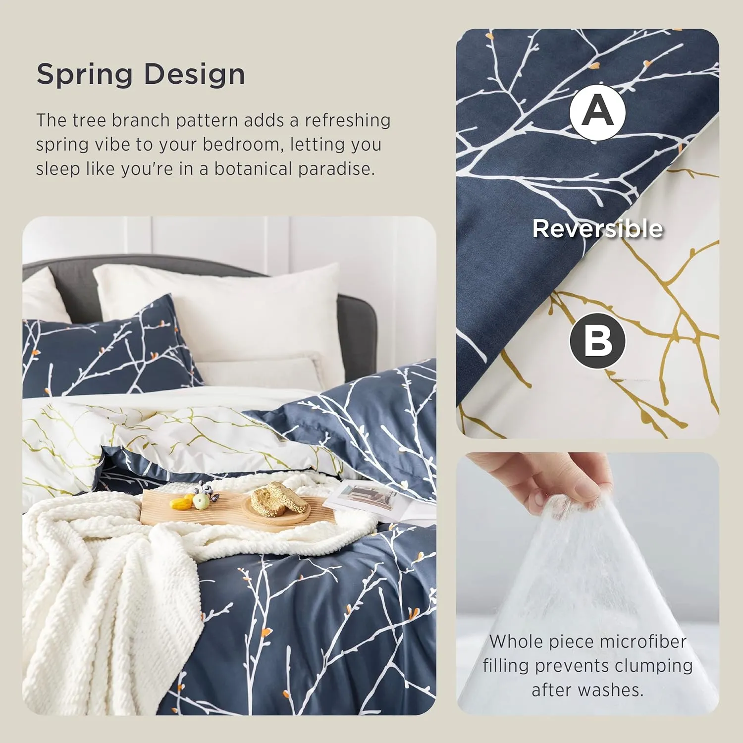 Bedsure Twin Comforter Set - 5 Pieces Floral Navy Blue Bed Set, Tree Branch Pattern Printed Bed in a Bag Twin with Comforter, Sheets, Pillowcase & Sham