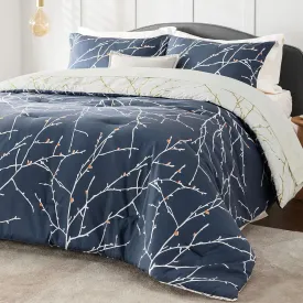 Bedsure Twin Comforter Set - 5 Pieces Floral Navy Blue Bed Set, Tree Branch Pattern Printed Bed in a Bag Twin with Comforter, Sheets, Pillowcase & Sham