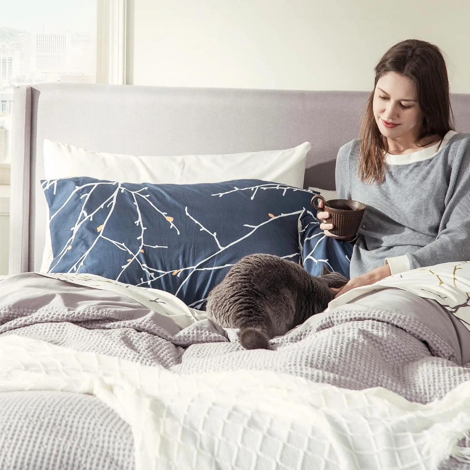 Bedsure Twin Comforter Set - 5 Pieces Floral Navy Blue Bed Set, Tree Branch Pattern Printed Bed in a Bag Twin with Comforter, Sheets, Pillowcase & Sham