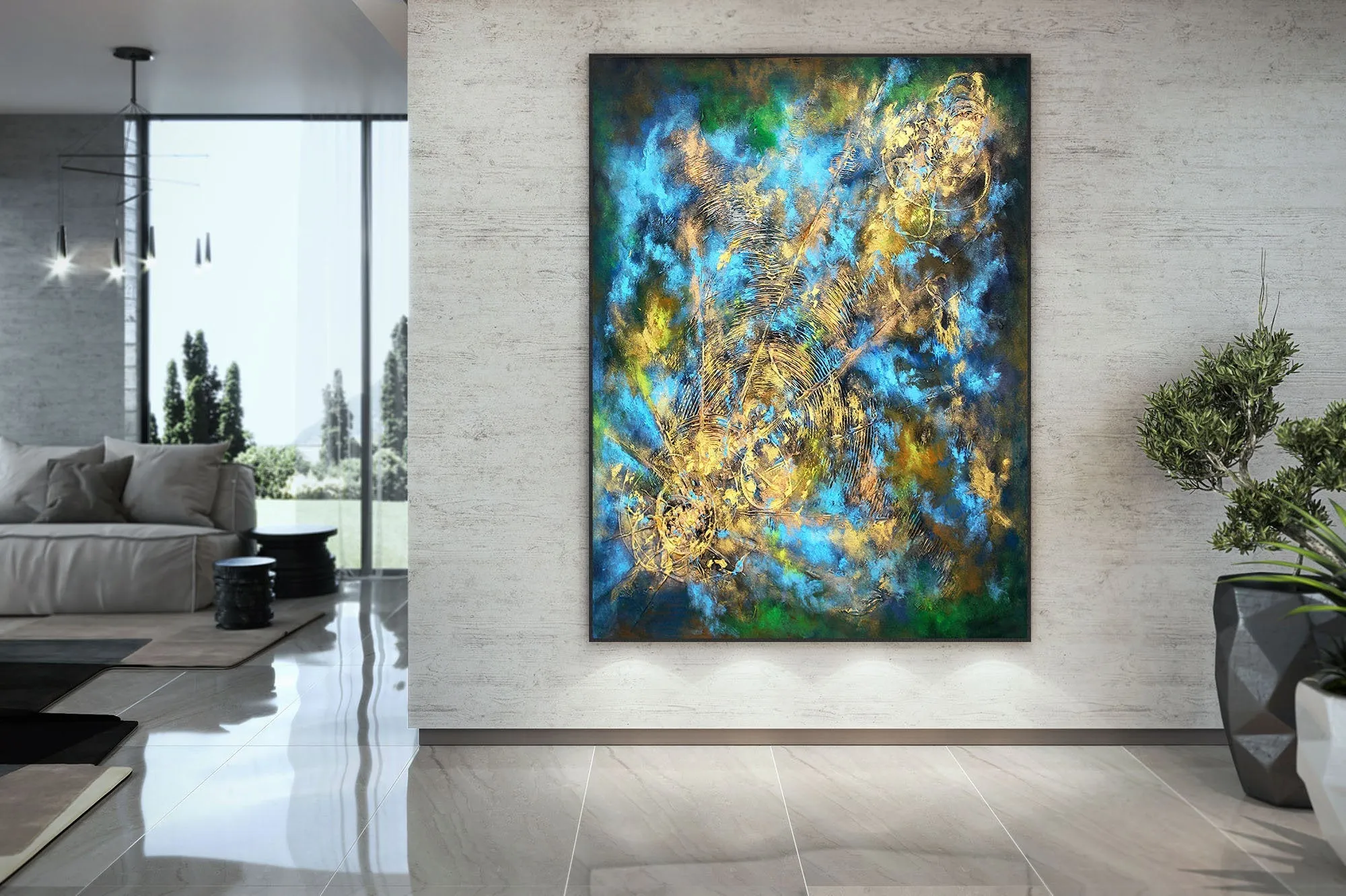 Black Gold Blue Livingroom Decor Large Abstract Painting Kp077