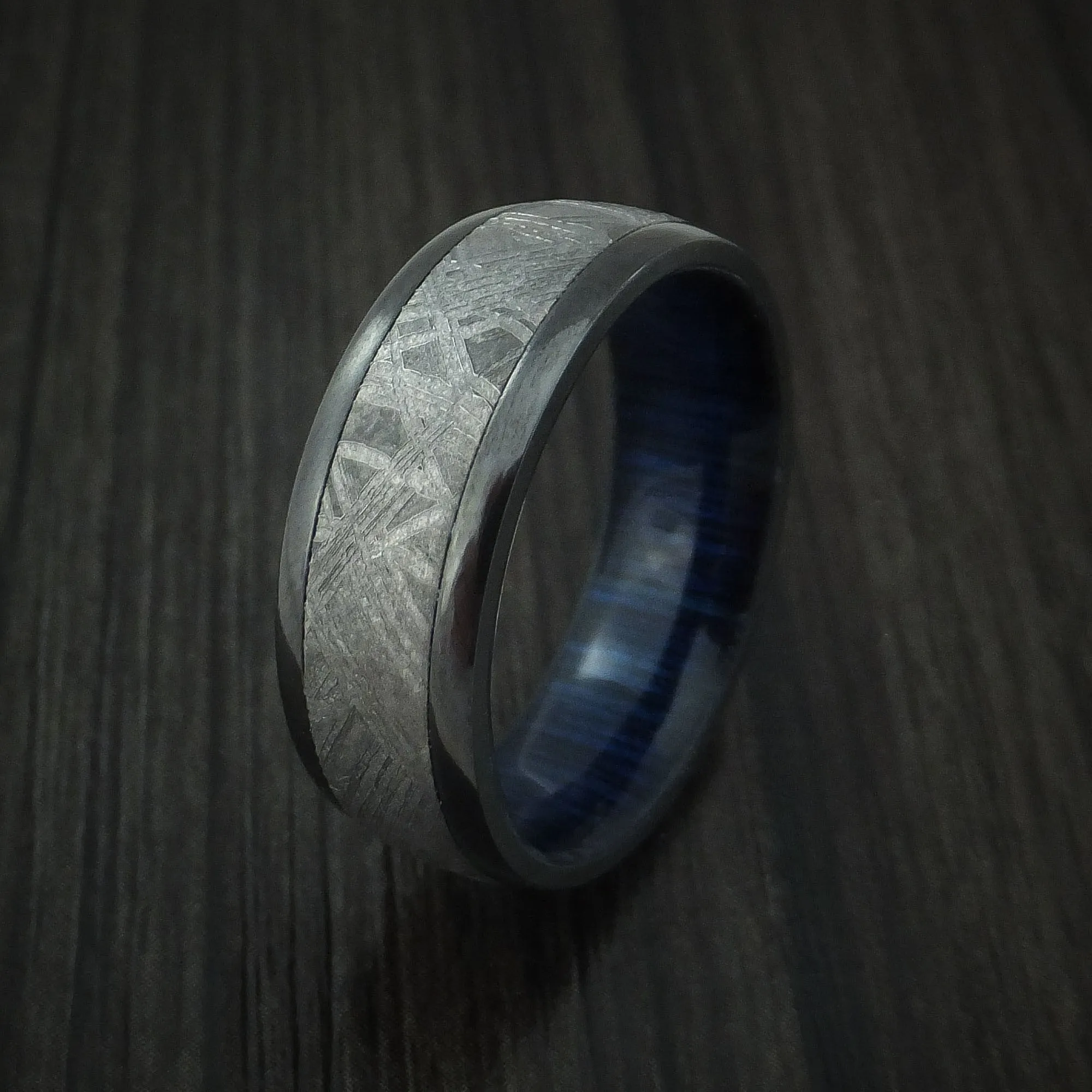 Black Titanium Men's Ring with Gibeon Meteorite and Hardwood Sleeve Custom Made Band