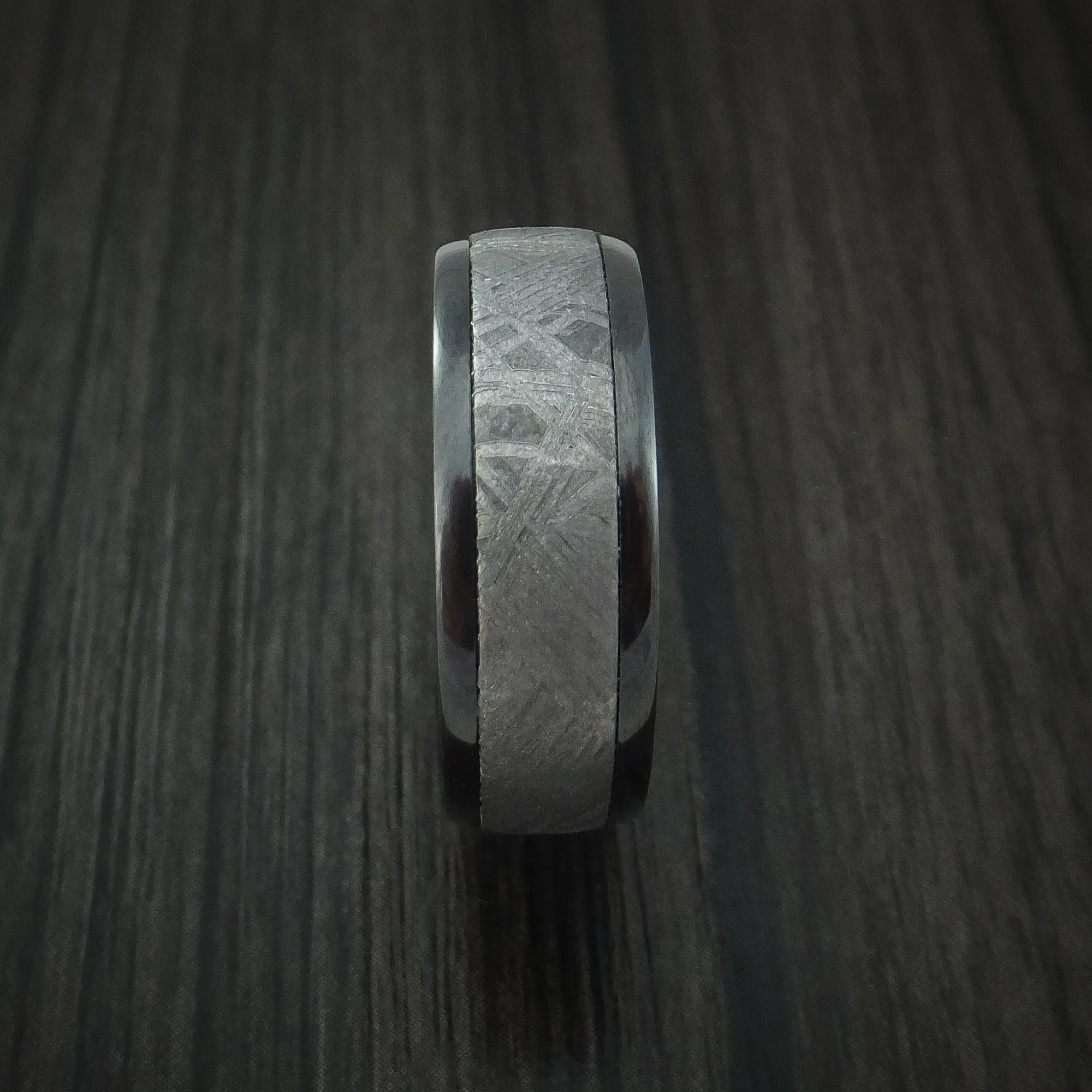 Black Titanium Men's Ring with Gibeon Meteorite and Hardwood Sleeve Custom Made Band