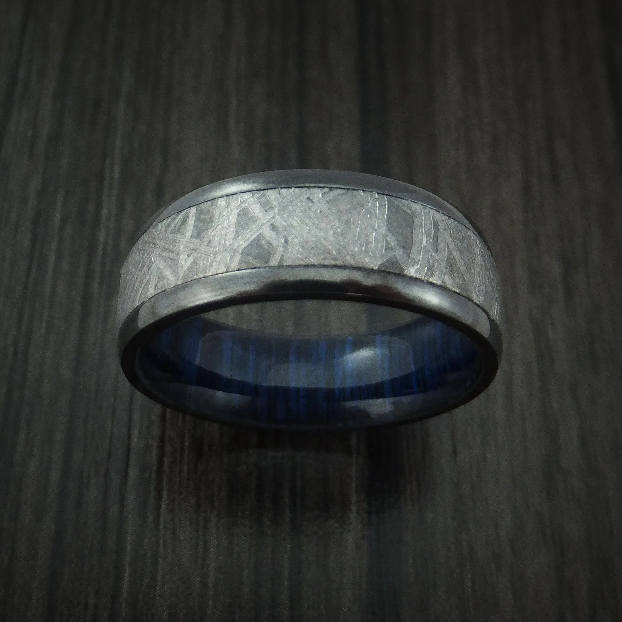 Black Titanium Men's Ring with Gibeon Meteorite and Hardwood Sleeve Custom Made Band