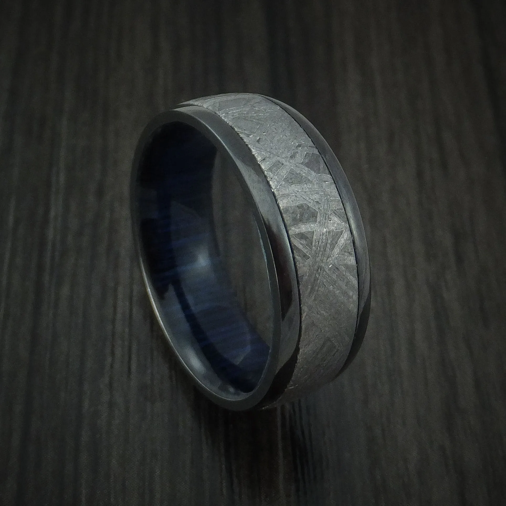 Black Titanium Men's Ring with Gibeon Meteorite and Hardwood Sleeve Custom Made Band