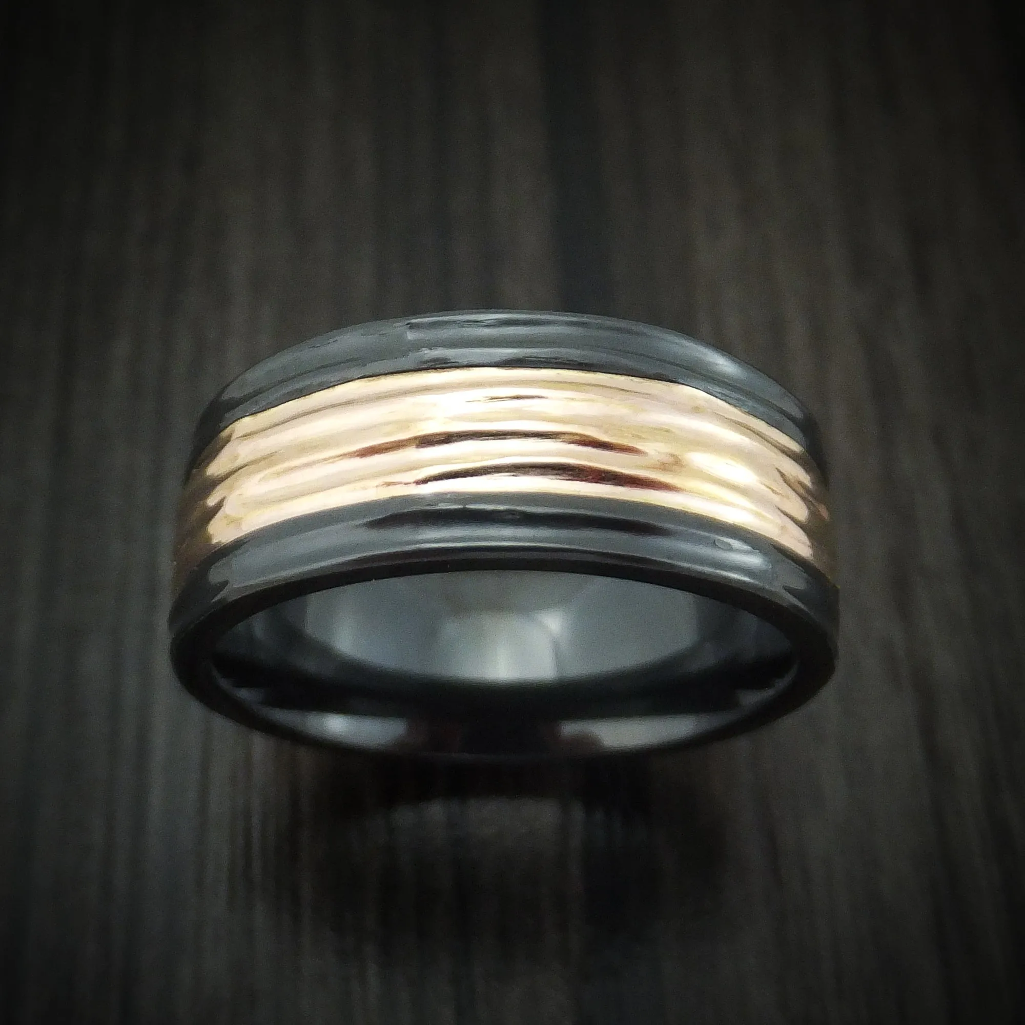 Black Zirconium and 14K Gold Men's Ring with Tree Bark Finish Custom Made Band