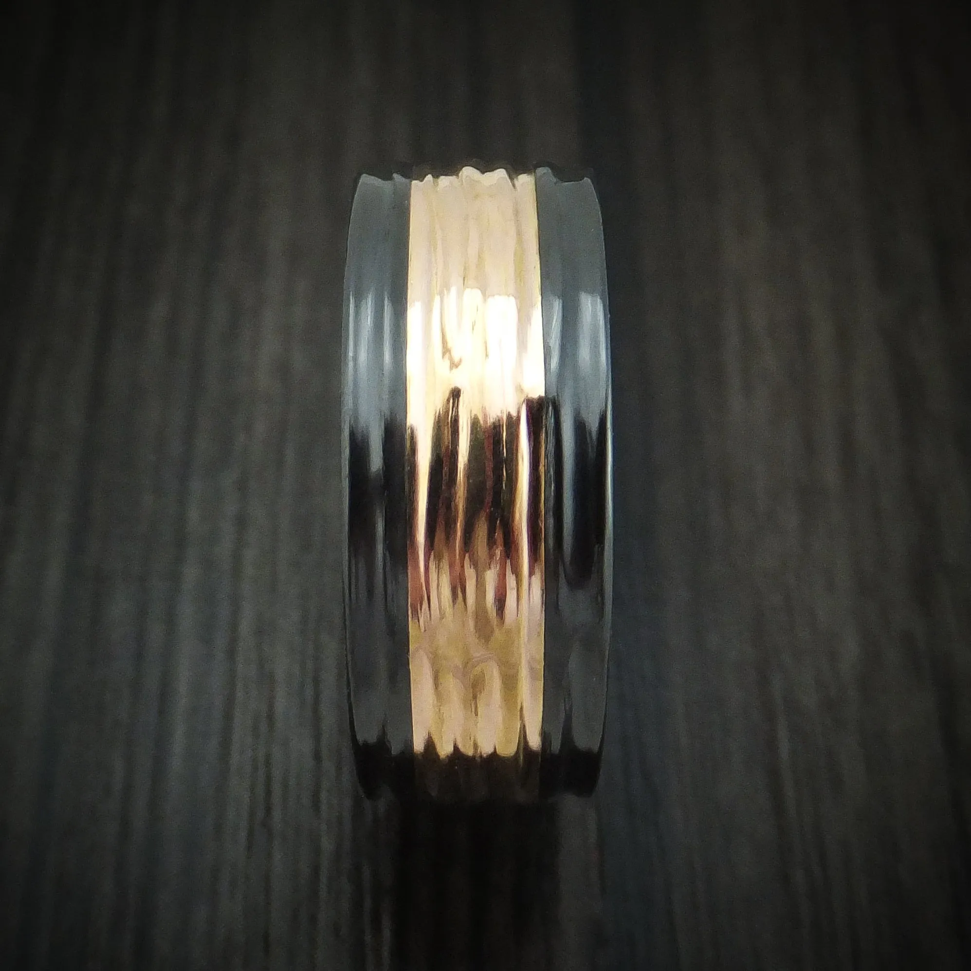 Black Zirconium and 14K Gold Men's Ring with Tree Bark Finish Custom Made Band