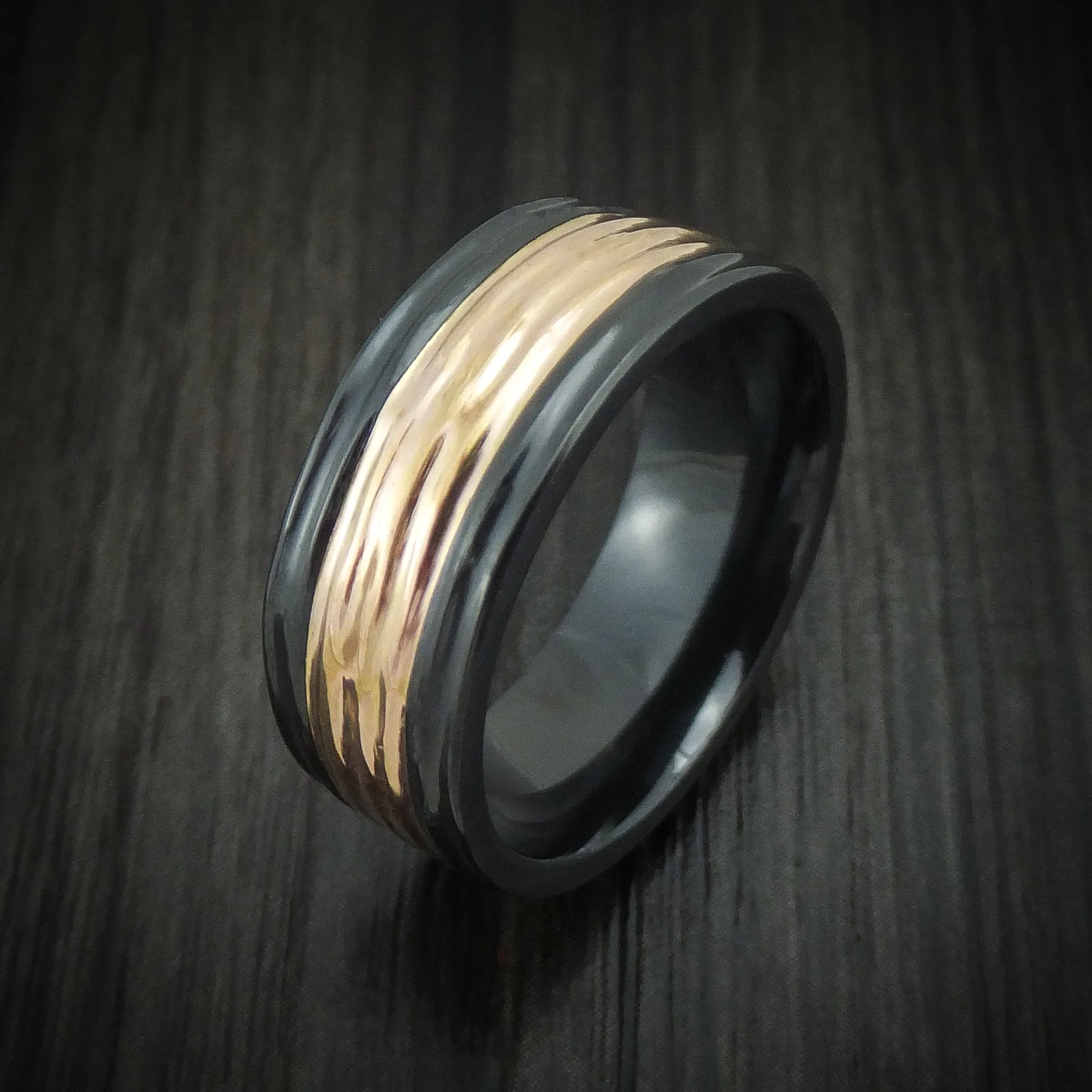 Black Zirconium and 14K Gold Men's Ring with Tree Bark Finish Custom Made Band