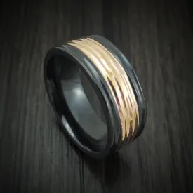 Black Zirconium and 14K Gold Men's Ring with Tree Bark Finish Custom Made Band