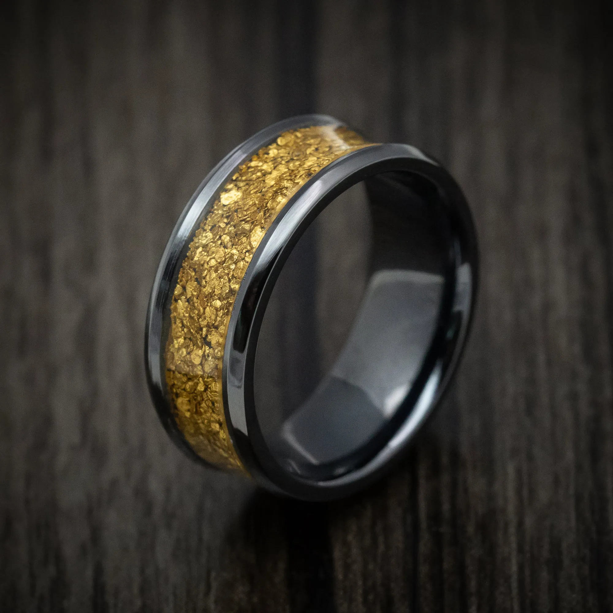 Black Zirconium and 24K Raw Gold Nugget Men's Ring Custom Made Band