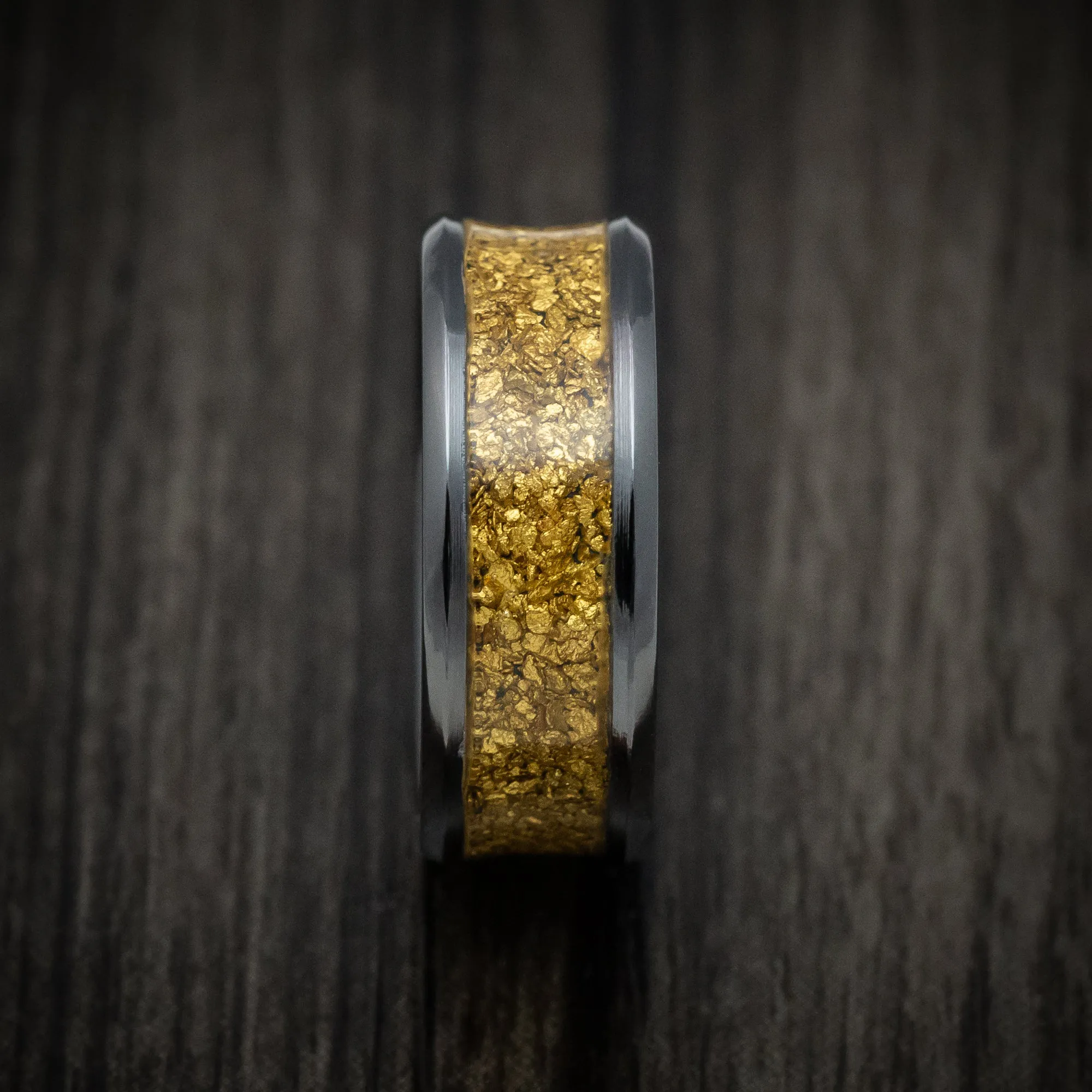 Black Zirconium and 24K Raw Gold Nugget Men's Ring Custom Made Band