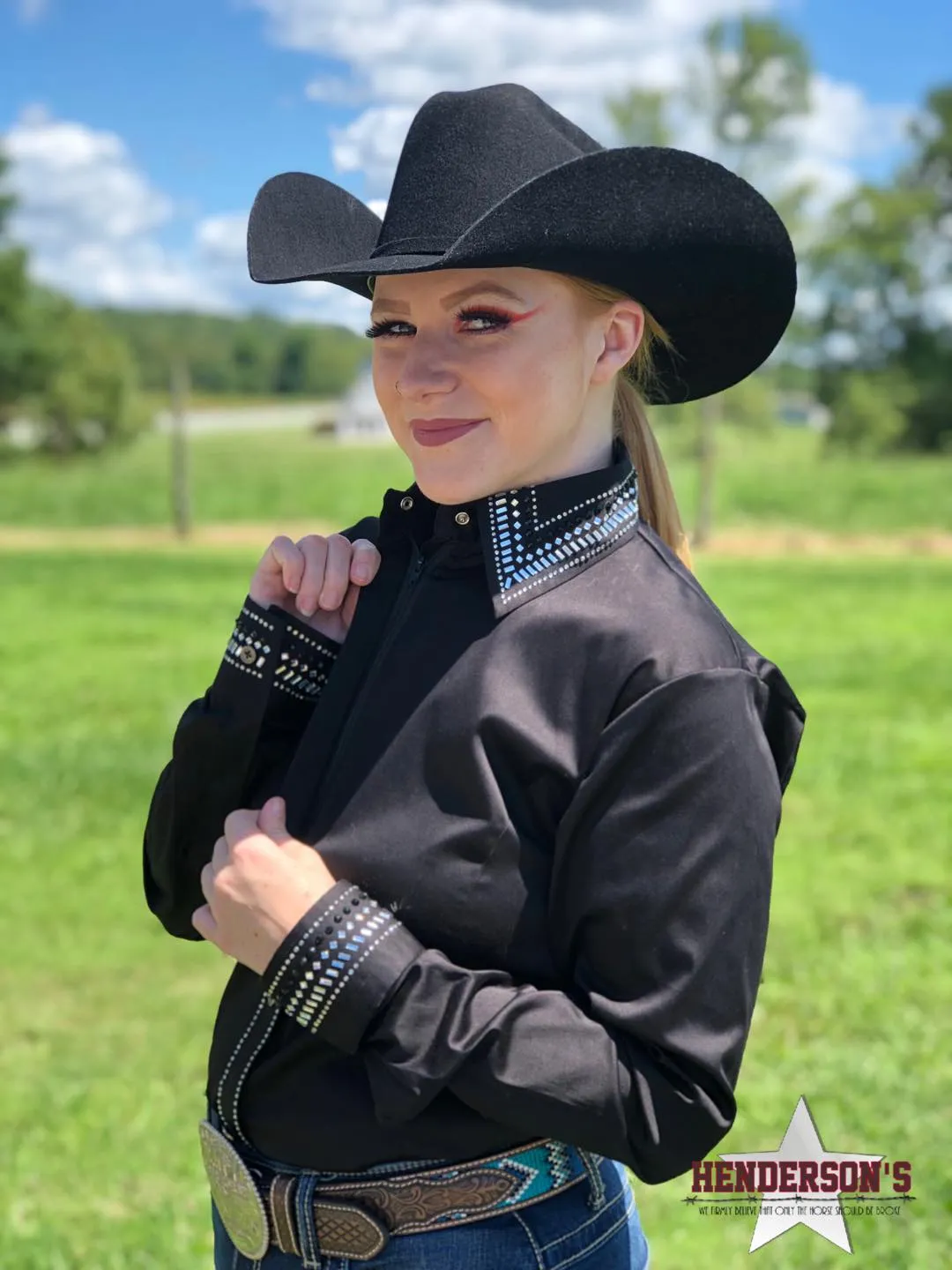 Bling Concealed Zipper Show Shirt - Black