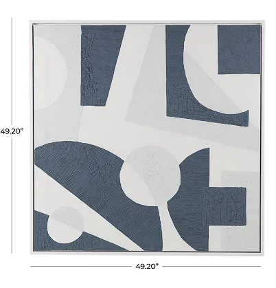 BLUE CANVAS ABSTRACT TEXTURED FRAMED WALL ART WITH VARIOUS GEOMETRIC SHAPES ON A WHITE BACKGROUND, 49" X 2" X 49"