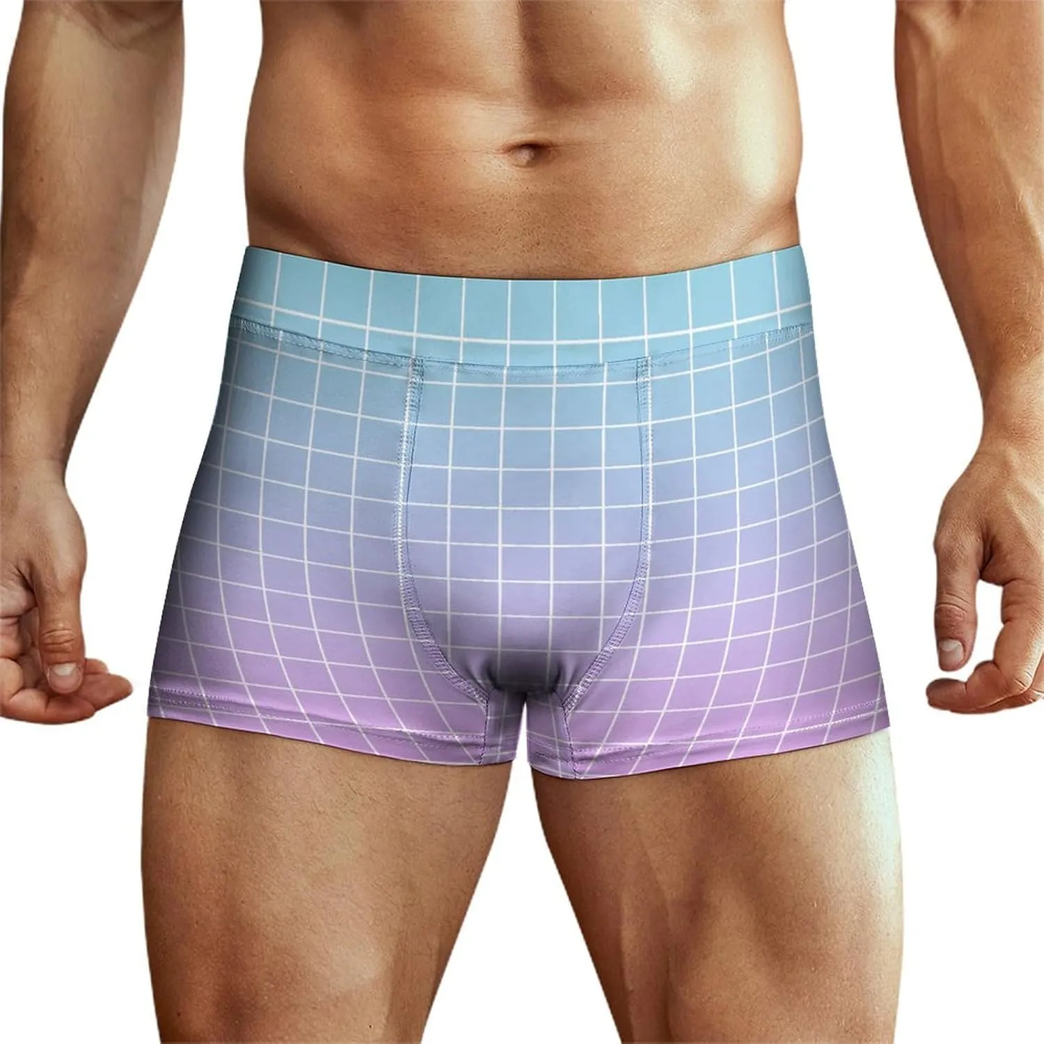 Blue Pink Ombre Grid Print (a) Mens Underwear, Soft Boxers for Men, Moisture-Wicking Breathable Boxer Briefs