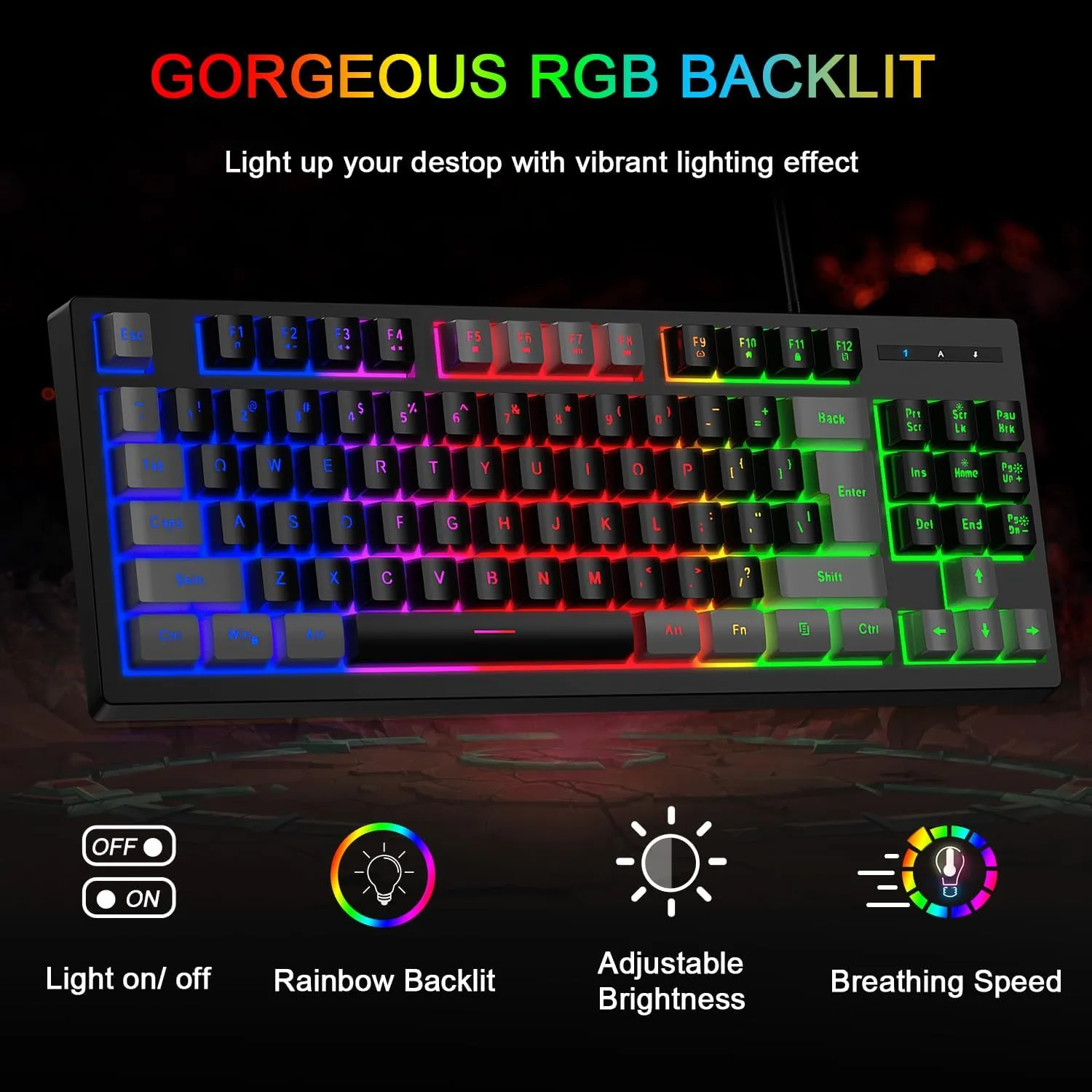 BlueFinger RGB 87 Keys Gaming Keyboard and Backlit Mouse Combo, USB Wired Rainbow Keyboard, Gaming Set for Laptop PC Computer Game and Work(Gray & Black)