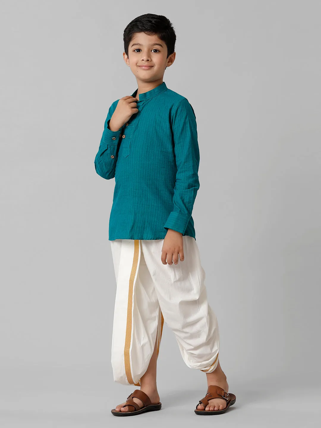 Boys Breeze Cotton Peacock Green Kurta with Cream Elastic Panchakacham Combo COT6